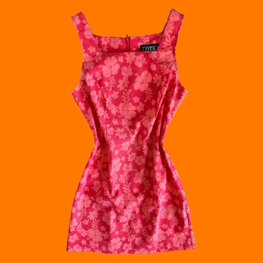 90's vintage coral tropical floral bodycon mini dress Size 9/10 city triangles